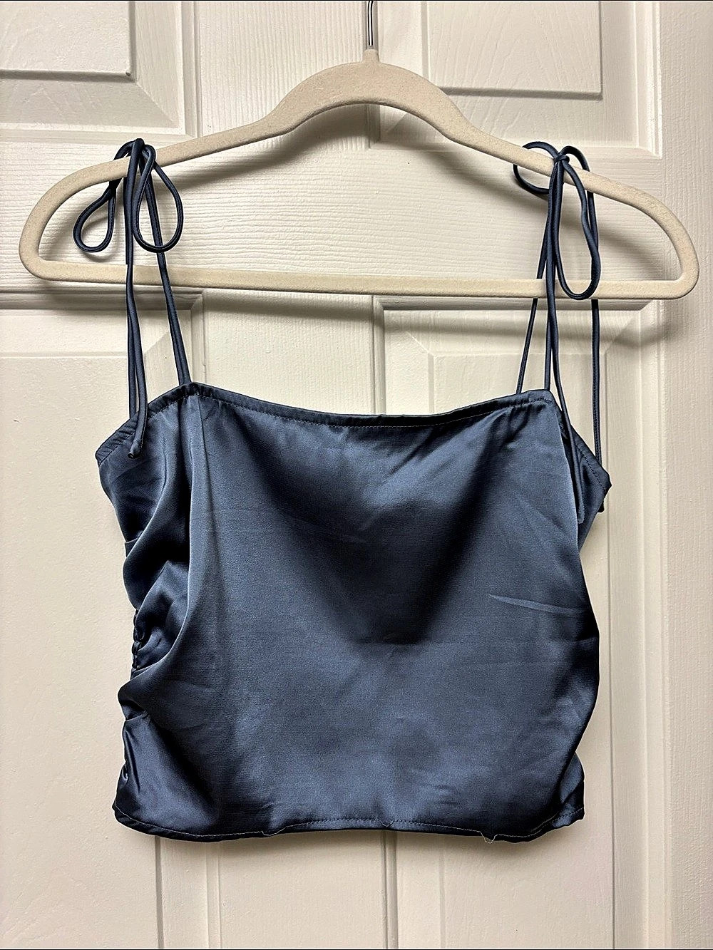 Cider Tie-Strap Satin Crop Top in Blue Size Medium Like New